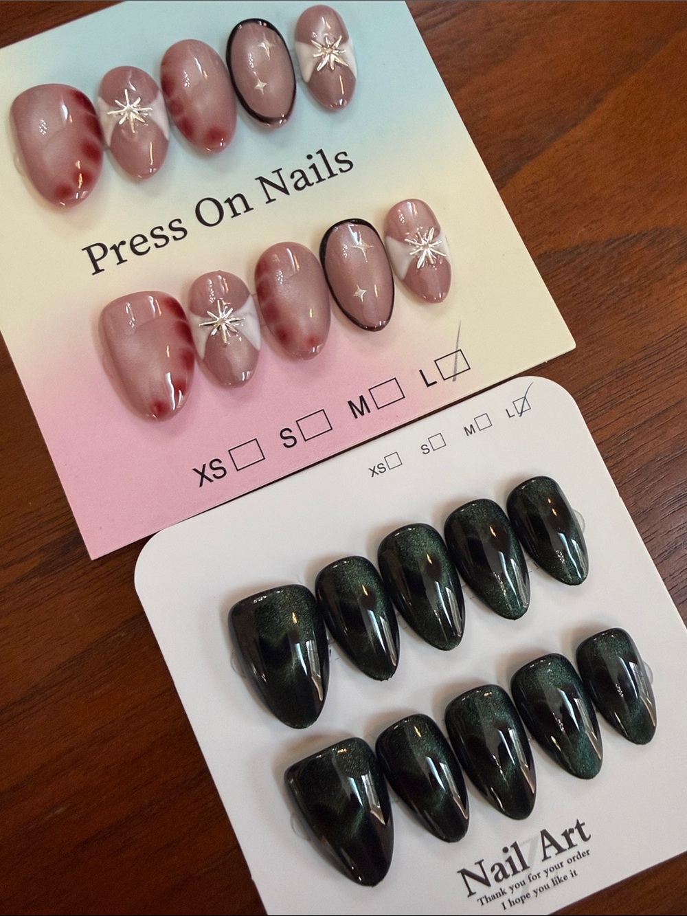 Bundle of two - Cat eye press on nails - Pink, green and gold accents - large